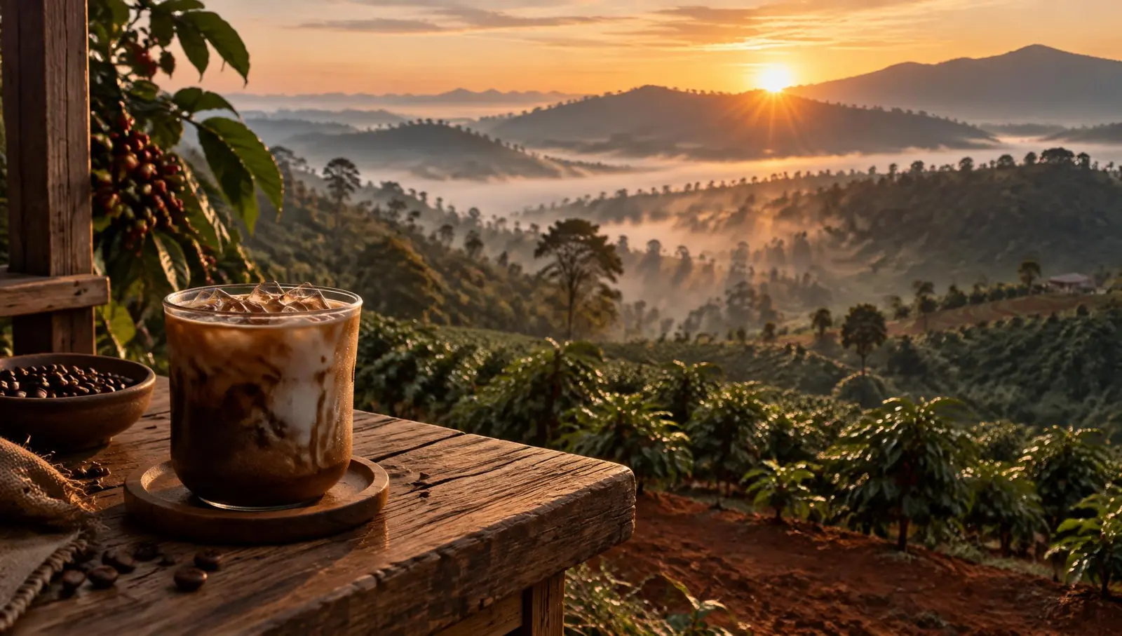 Đồi cà phê cao nguyên lúc bình minh và ly cà phê ủ lạnh