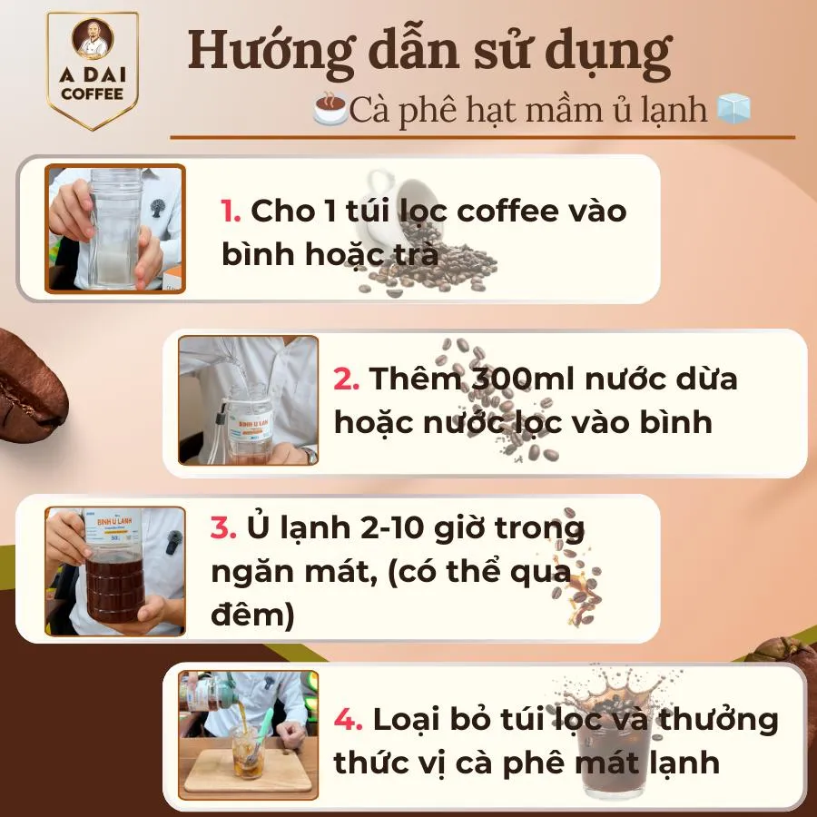 Cà Phê Hạt Mầm Ủ Lạnh Hộp 8 gói Kèm Bình Ủ - ảnh 3