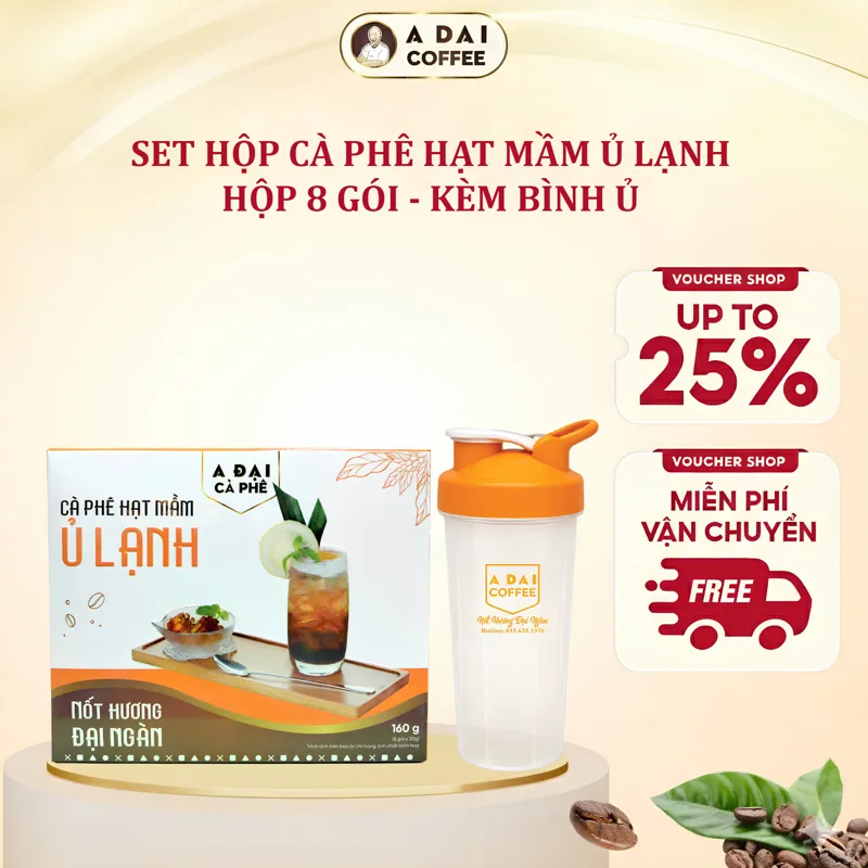 Cà Phê Hạt Mầm Ủ Lạnh Hộp 8 gói Kèm Bình Ủ - A Đại