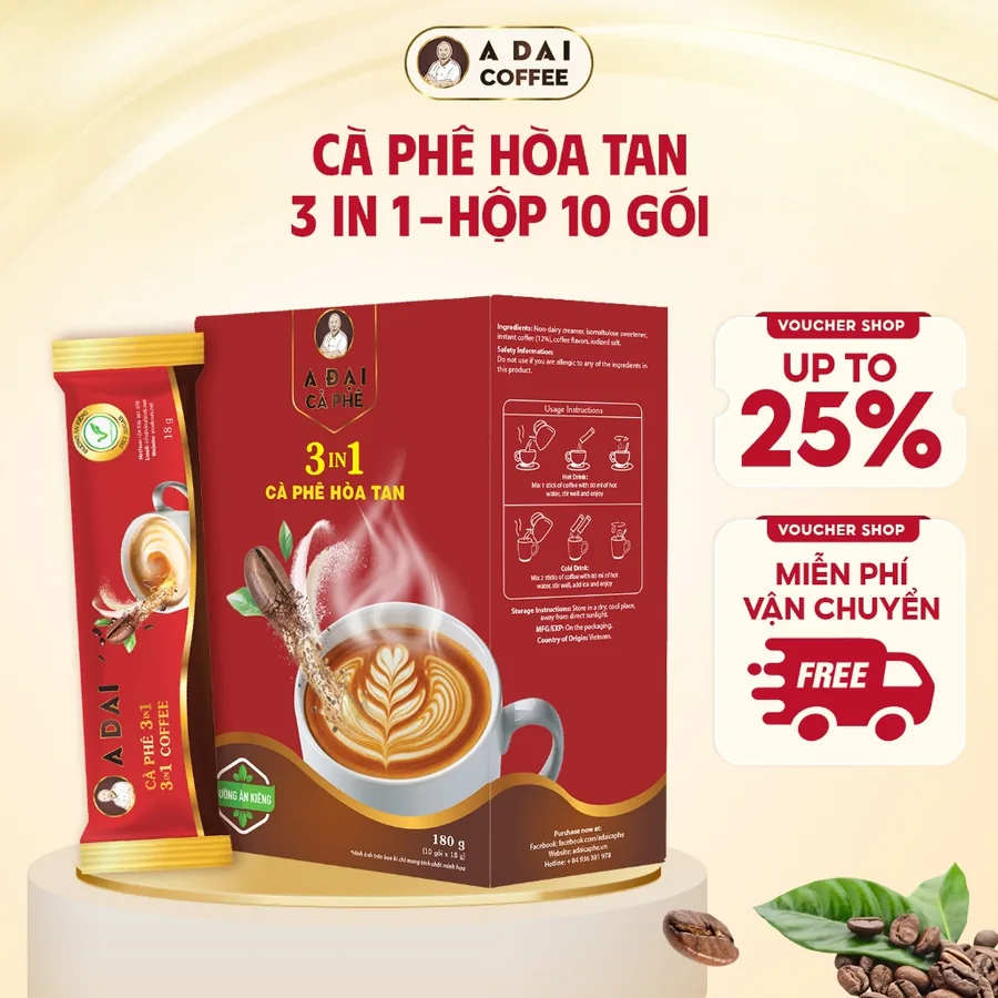 Cà phê hòa tan 3in1 (hộp 10 gói, 180g) - A Đại