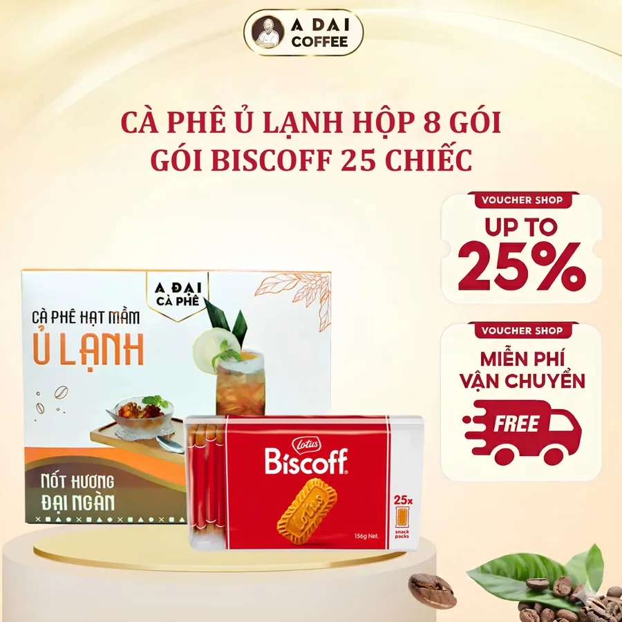 Cà phê hạt mầm ủ lạnh (hộp 8 gói + túi bánh Biscoff 25 chiếc) - A Đại